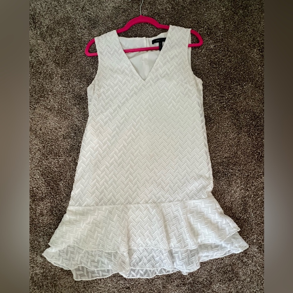 BCBGMaxAzria White Textured V-Neck Ruffle-Hem Mini Dress